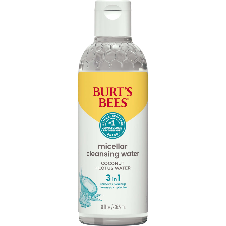 Burt's Bees front bottle showing label and 8 oz size, gentle cleansing benefit
