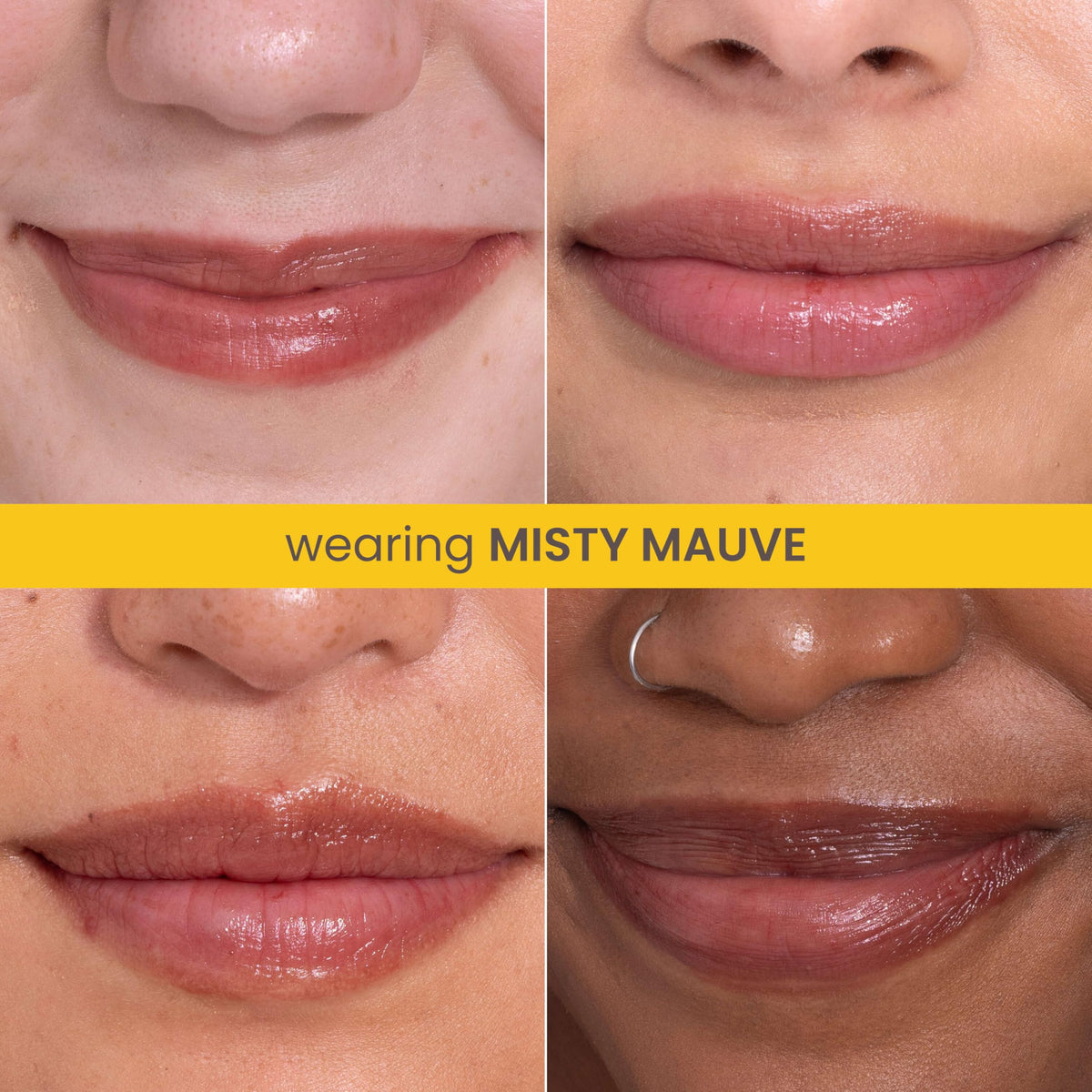Burt's Bees Misty Mauve applied on lips closeup revealing natural mauve shade