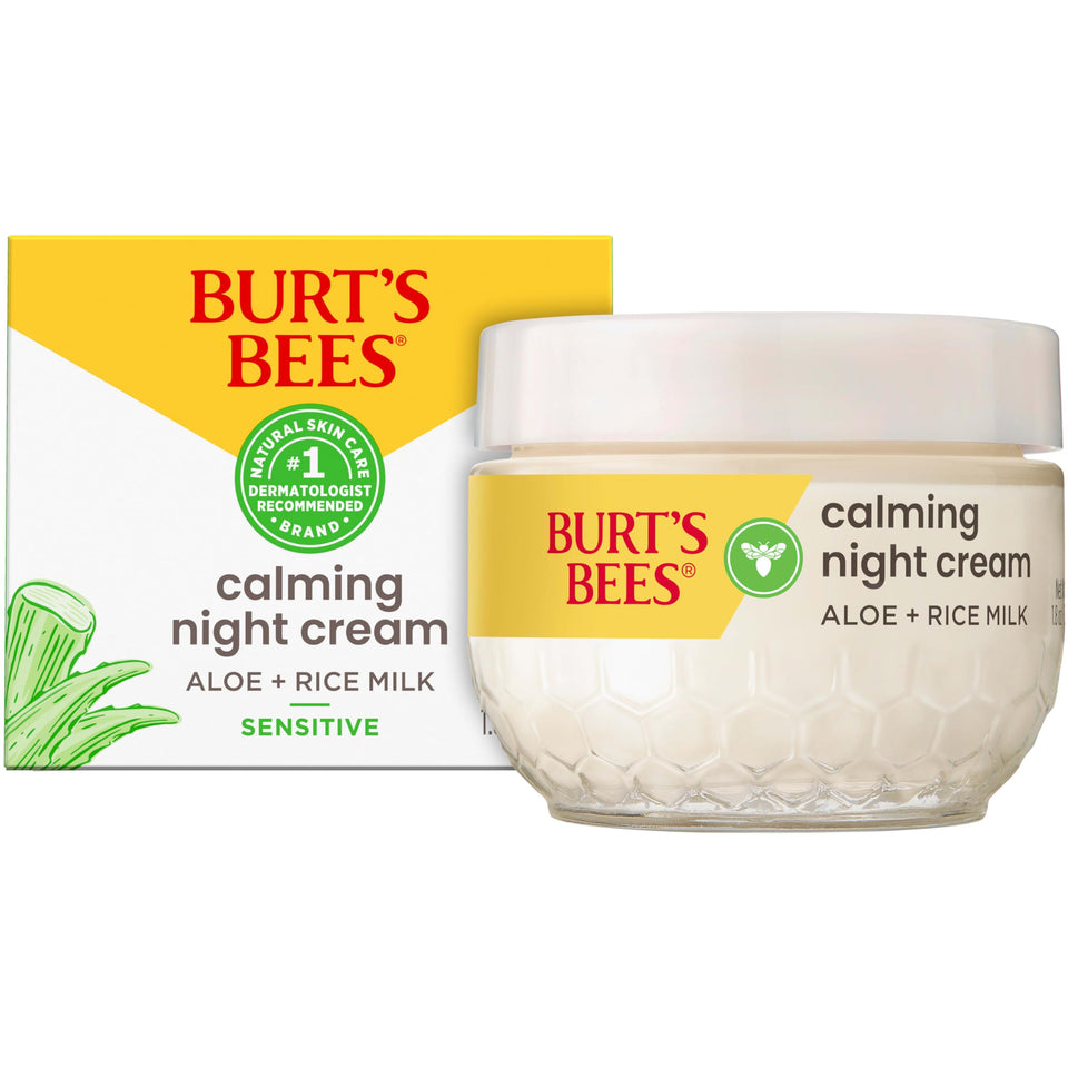 Burt's Bees night cream front tub showing packaging and benefits