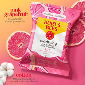 Burt's Bees open pack displaying pre-moistened towelettes, easy grab benefit
