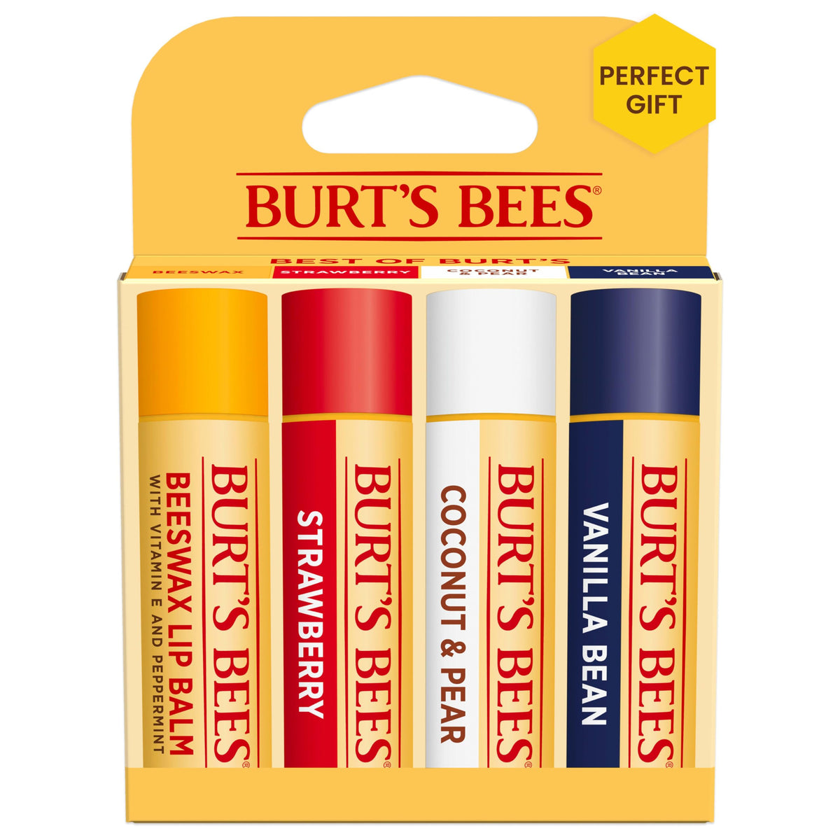 Burt's Bees pack front view showing four flavored lip balms for easy hydration