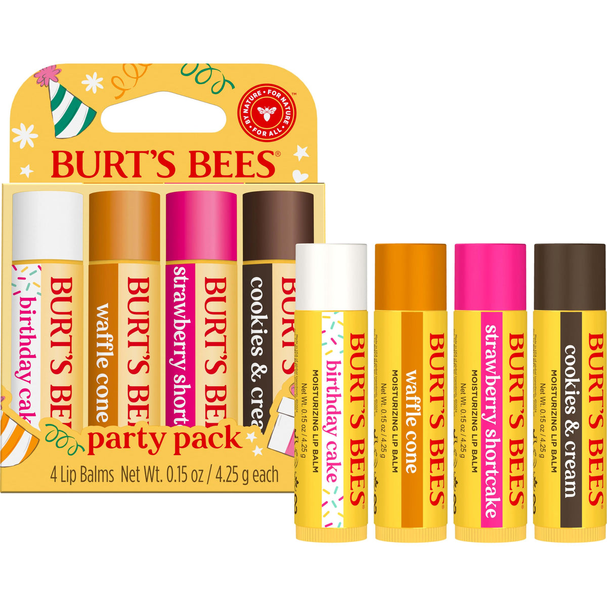 Burt's Bees party pack boxed packaging ready to gift with celebratory graphics