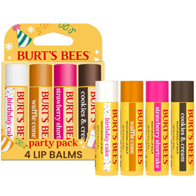 Burt's Bees front box showing four-party-pack tubes and festive design, easy gifting