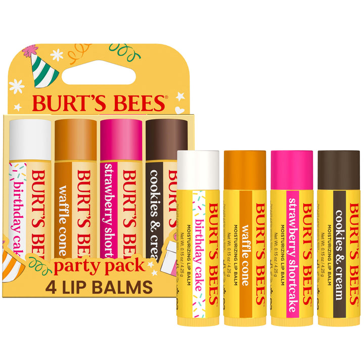 Burt's Bees front box showing four-party-pack tubes and festive design, easy gifting