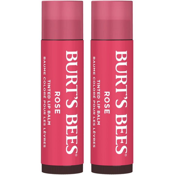 Burt's Bees front packaging showing two Petal Rose tint balms and benefits