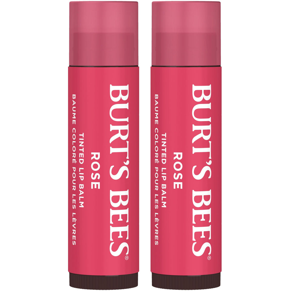 Burt's Bees front packaging showing two Petal Rose tint balms and benefits