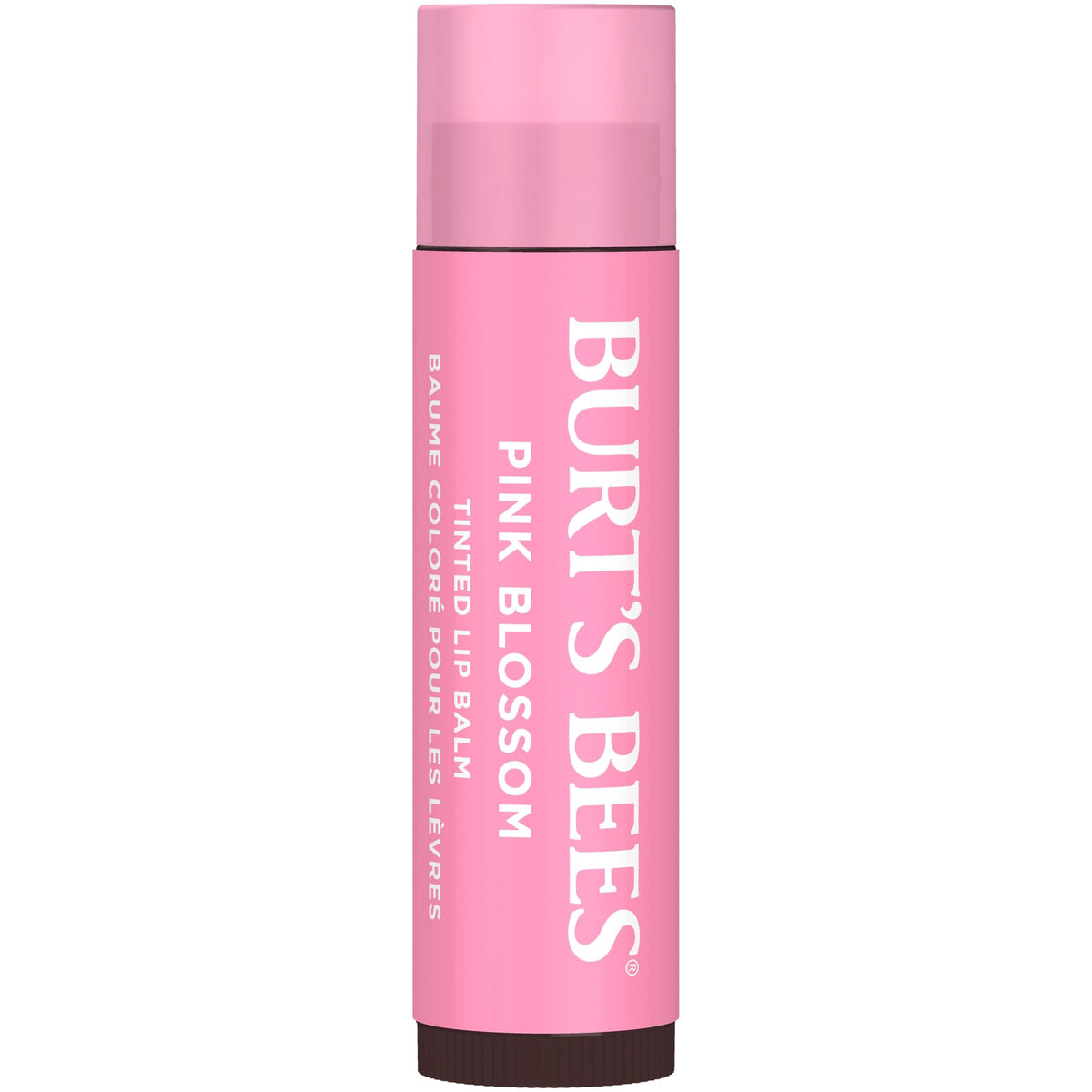 Burt's Bees open twist-up balm revealing Pink Blossom tint and easy application