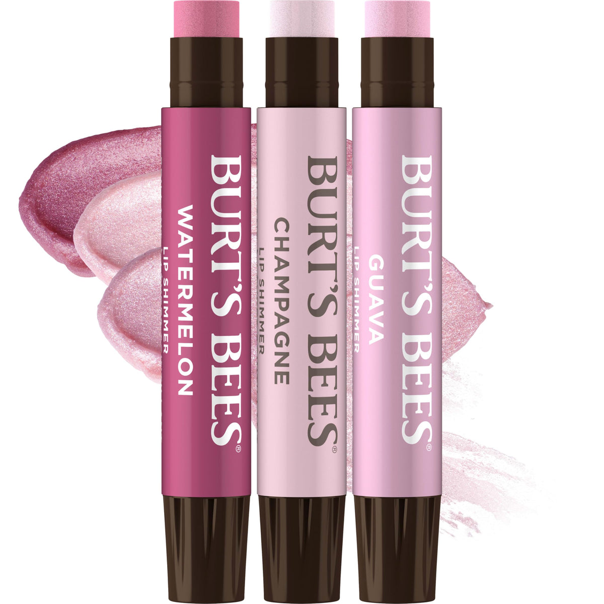 Burt's Bees front packaging showing three pink shimmer tubes and product benefits