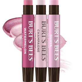 Burt's Bees front packaging showing three pink shimmer tubes and product benefits