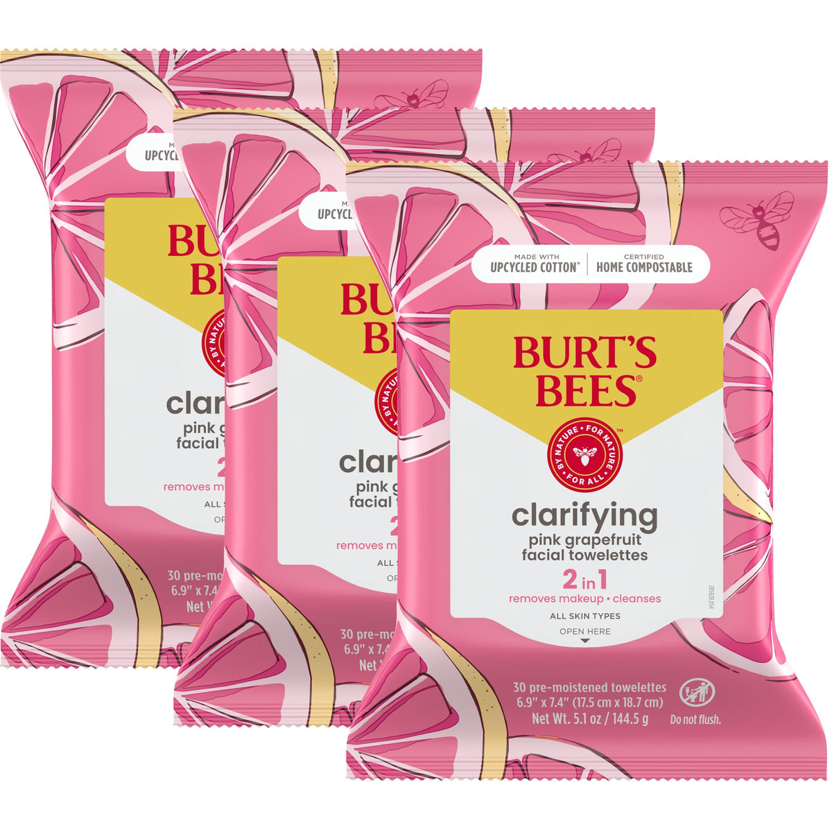 Burt's Bees front packaging showing three 30-count hydrating wipes, convenient