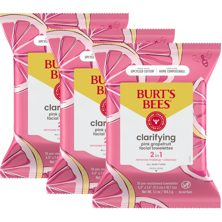 Burt's Bees front packaging showing three 30-count hydrating wipes, convenient