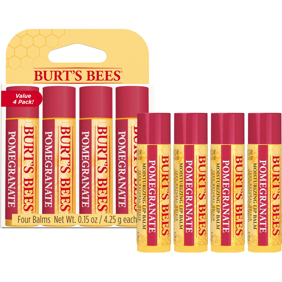 Burt's Bees four-pack box display highlighting value and multiple replacements
