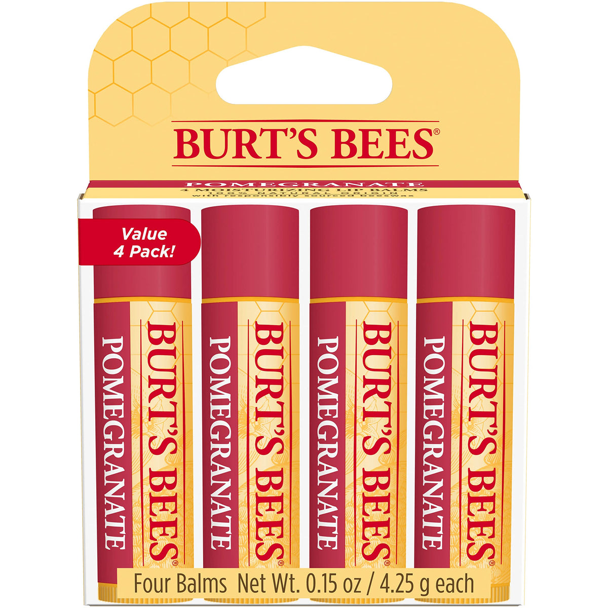 Burt's Bees front packaging showing four pomegranate lip balm tubes for easy storage