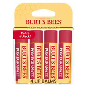 Burt's Bees front packaging showing four pomegranate lip balm tubes, portable hydration