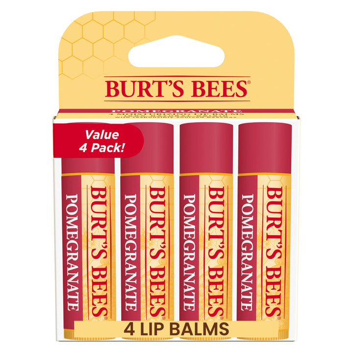 Burt's Bees front packaging showing four pomegranate lip balm tubes, portable hydration