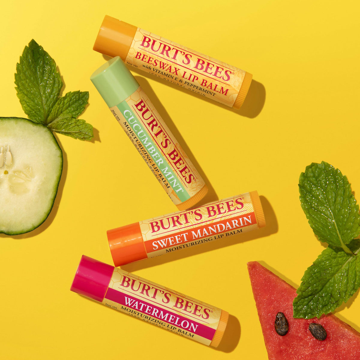Burt's Bees next to a coin to show compact 0.15 oz tube size and portability
