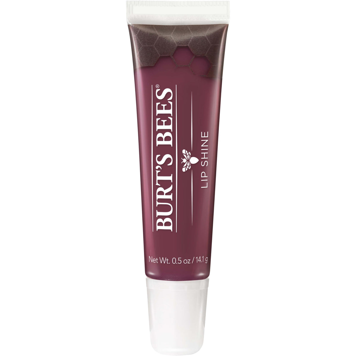 Burt's Bees front tube view showing Smooch plum shade and glossy finish benefit