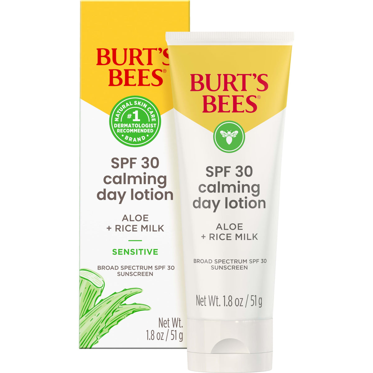 Burt's Bees front tube showing SPF 30 and calming day lotion, clear protection