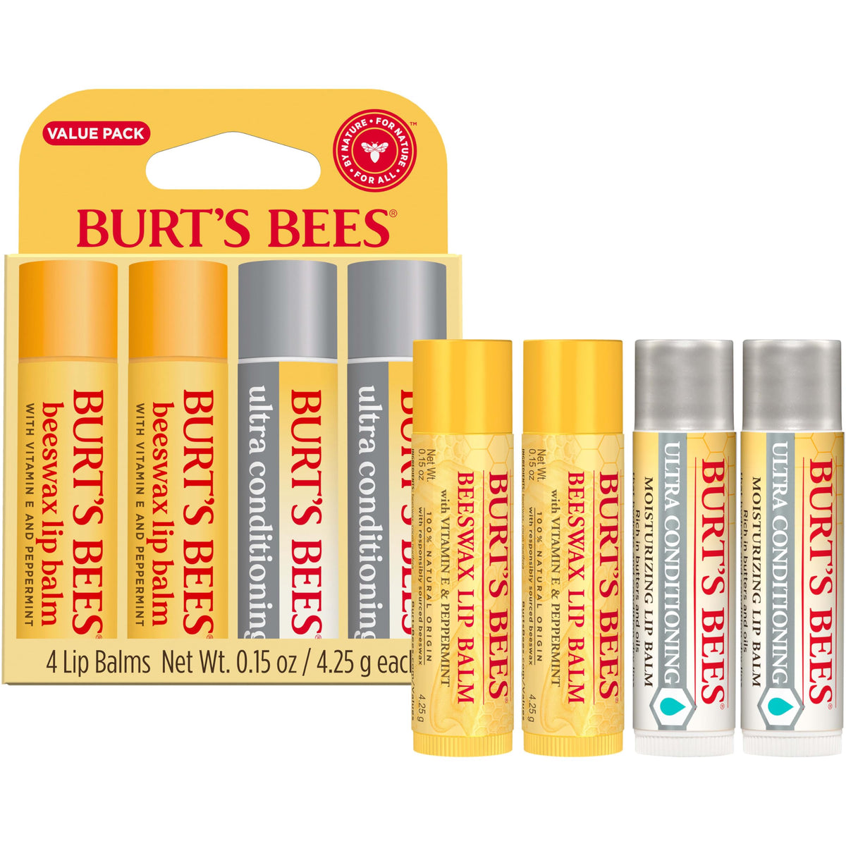 Two Burt's Bees lip balm tubes displayed on a shelf suggesting easy storage