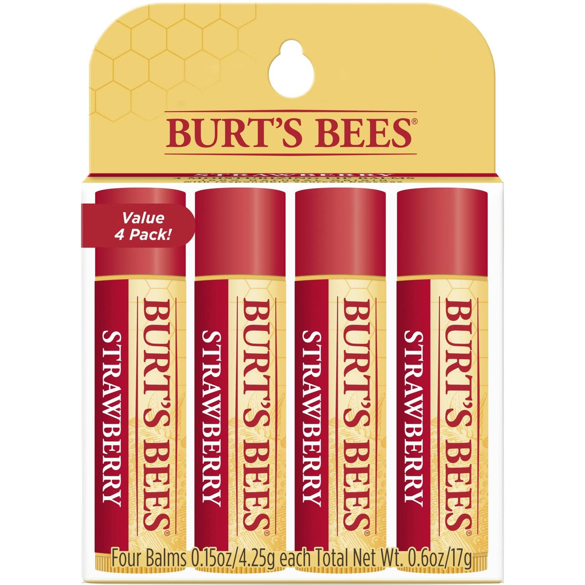 Burt's Bees front packaging showing 4 strawberry lip balm tubes and benefits