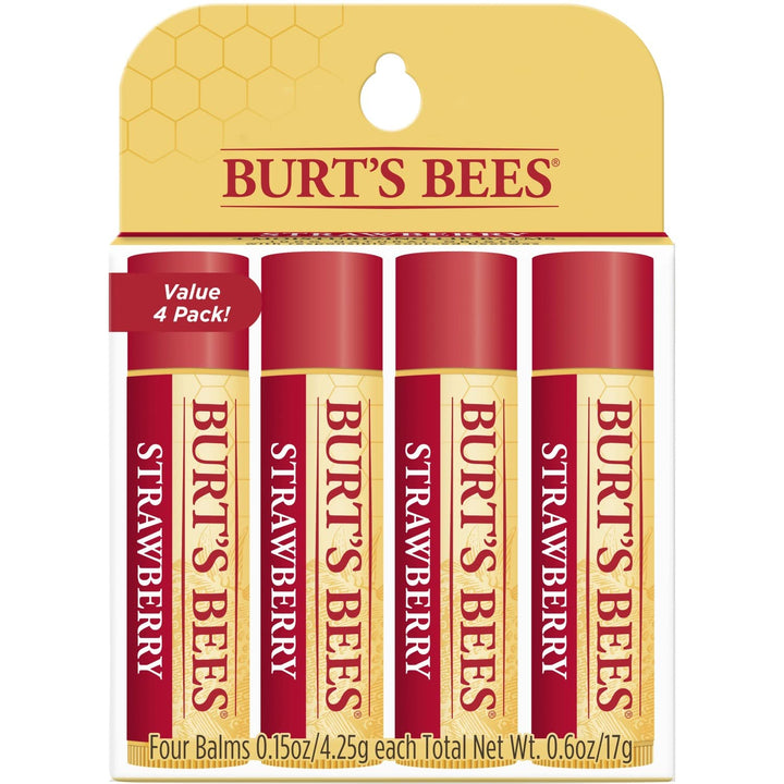 Burt's Bees front packaging showing 4 strawberry lip balm tubes and benefits