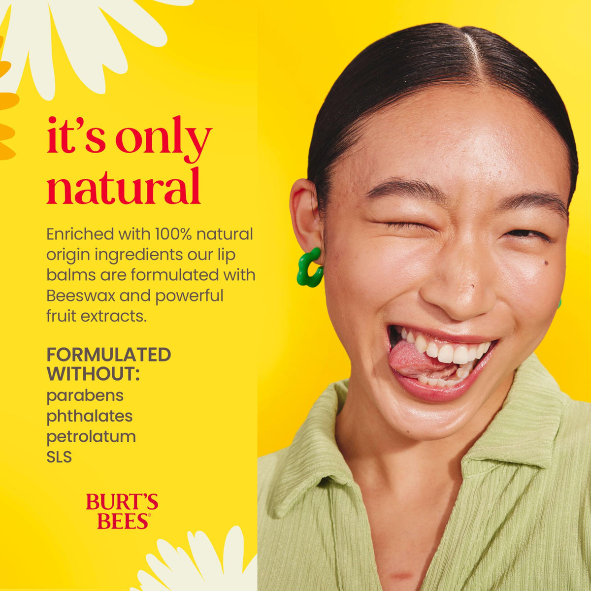 Burt's Bees strawberry lip balm applied to lips demonstrating smooth, fragrant protection