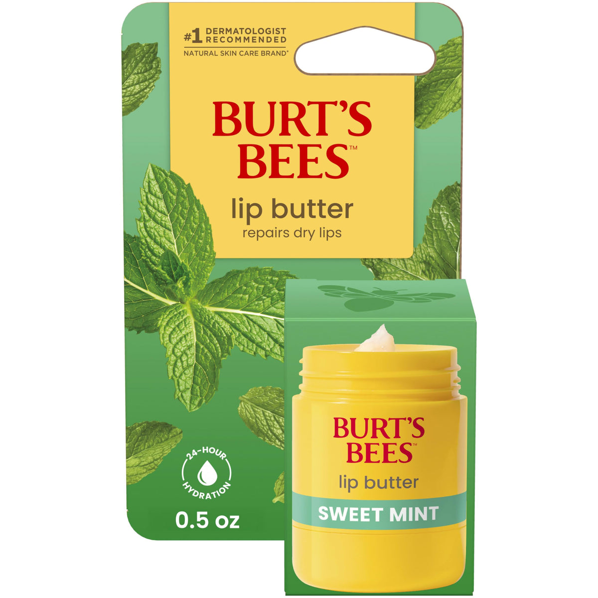 Burt's Bees front packaging showing sweet mint lip butter benefits