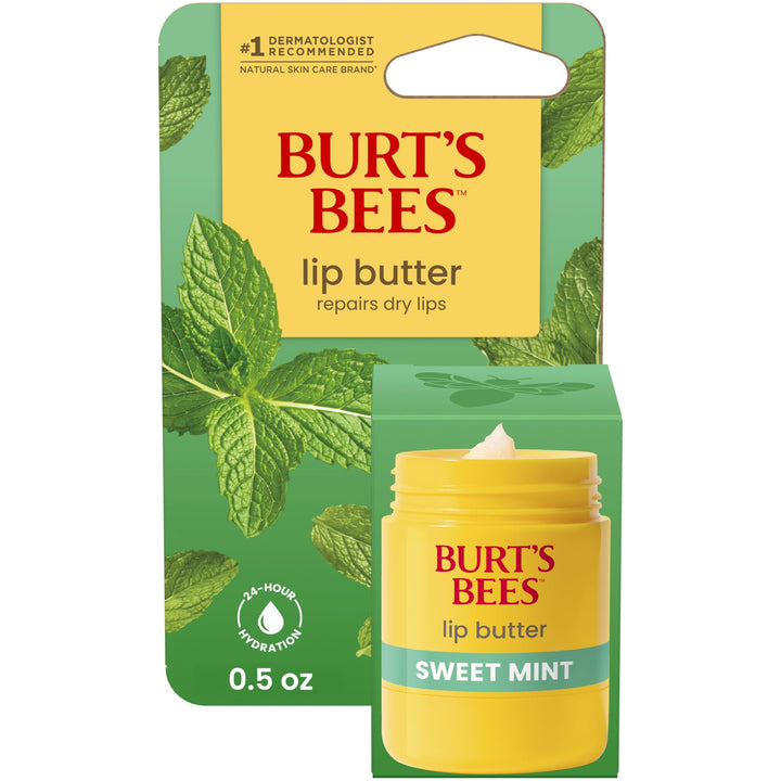 Burt's Bees front packaging showing sweet mint lip butter benefits