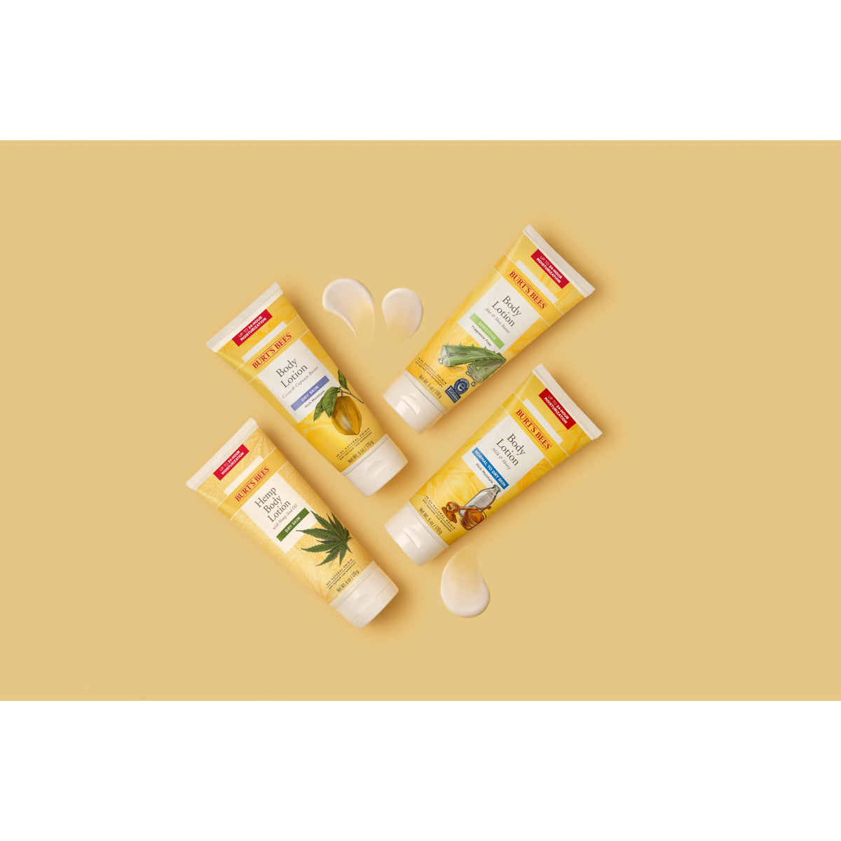 Burt's Bees creamy lotion texture on spoon, demonstrates rich fast-absorbing feel