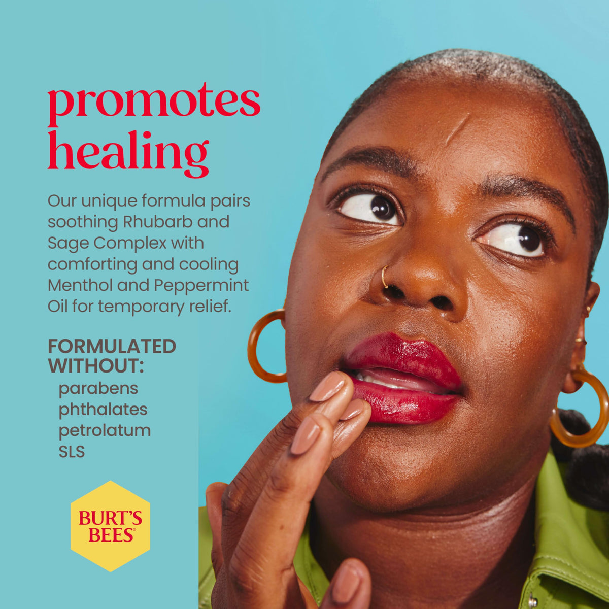 Burt's Bees treatment applied to skin texture close-up, cooling comfort visible
