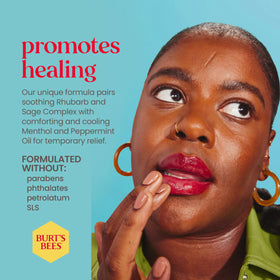 Burt's Bees treatment applied to skin texture close-up, cooling comfort visible