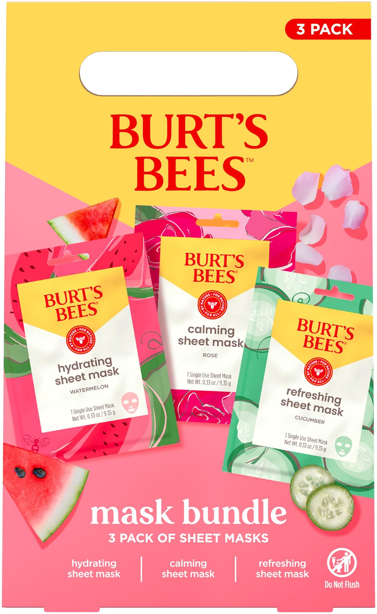 Burt's Bees three masks laid flat to compare Hydrating, Calming, and Refreshing benefits