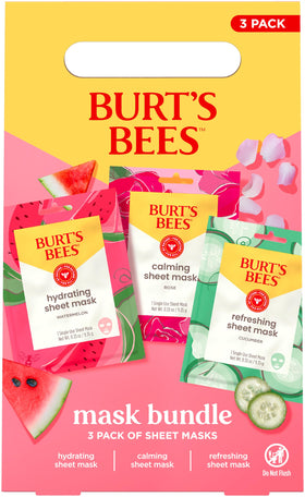Burt's Bees three masks laid flat to compare Hydrating, Calming, and Refreshing benefits