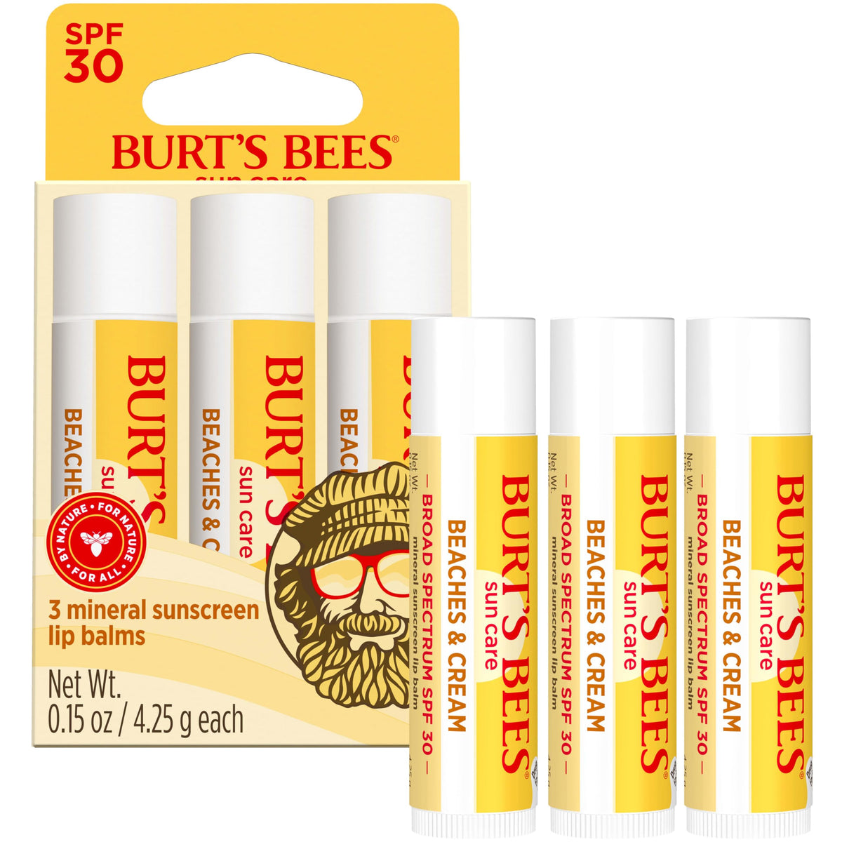 Three Burt's Bees tubes lined up illustrating value pack and on-the-go options