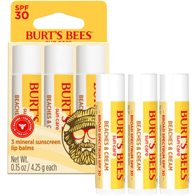 Three Burt's Bees tubes lined up illustrating value pack and on-the-go options