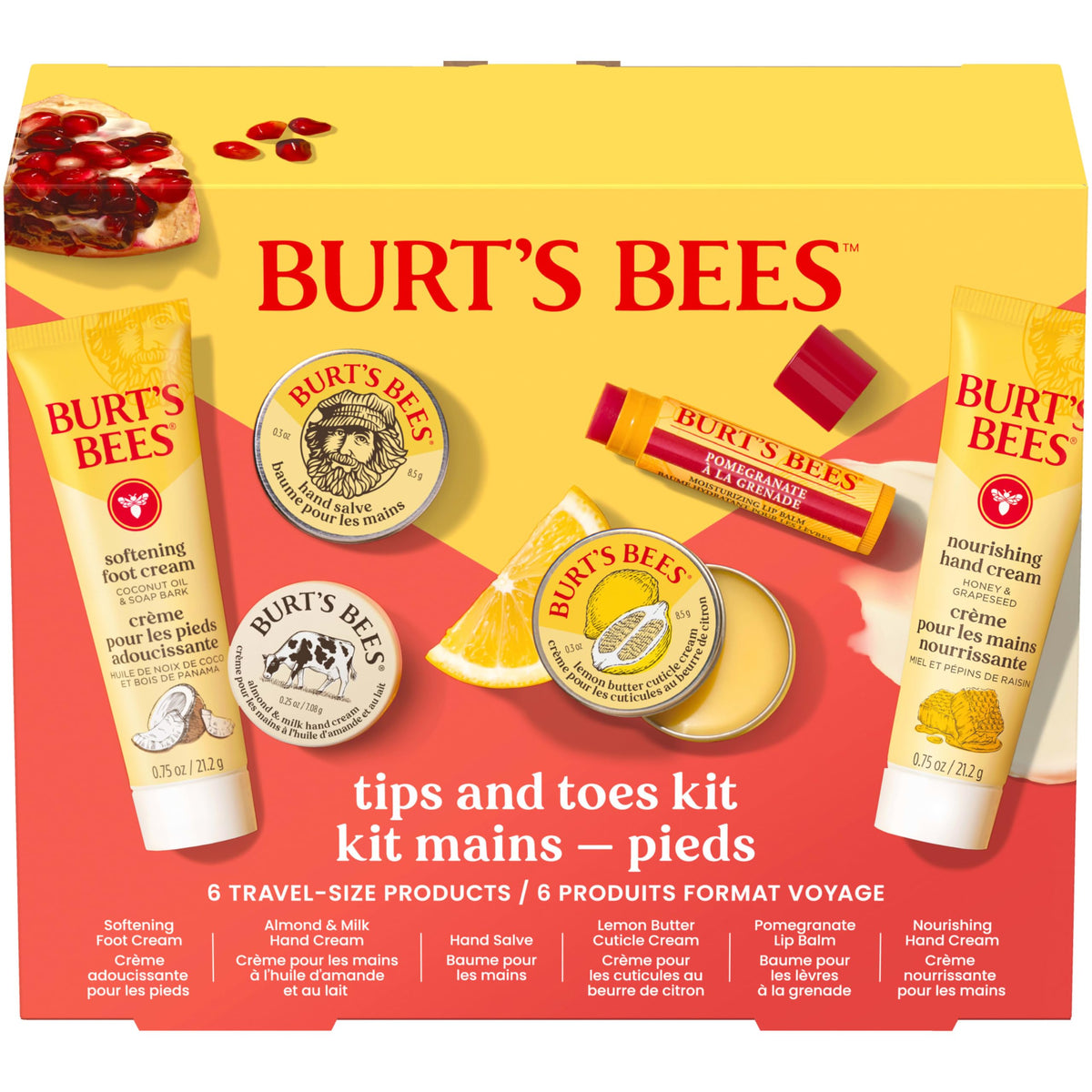 Burt's Bees kit box front showing all six travel-size items and gift-ready packaging