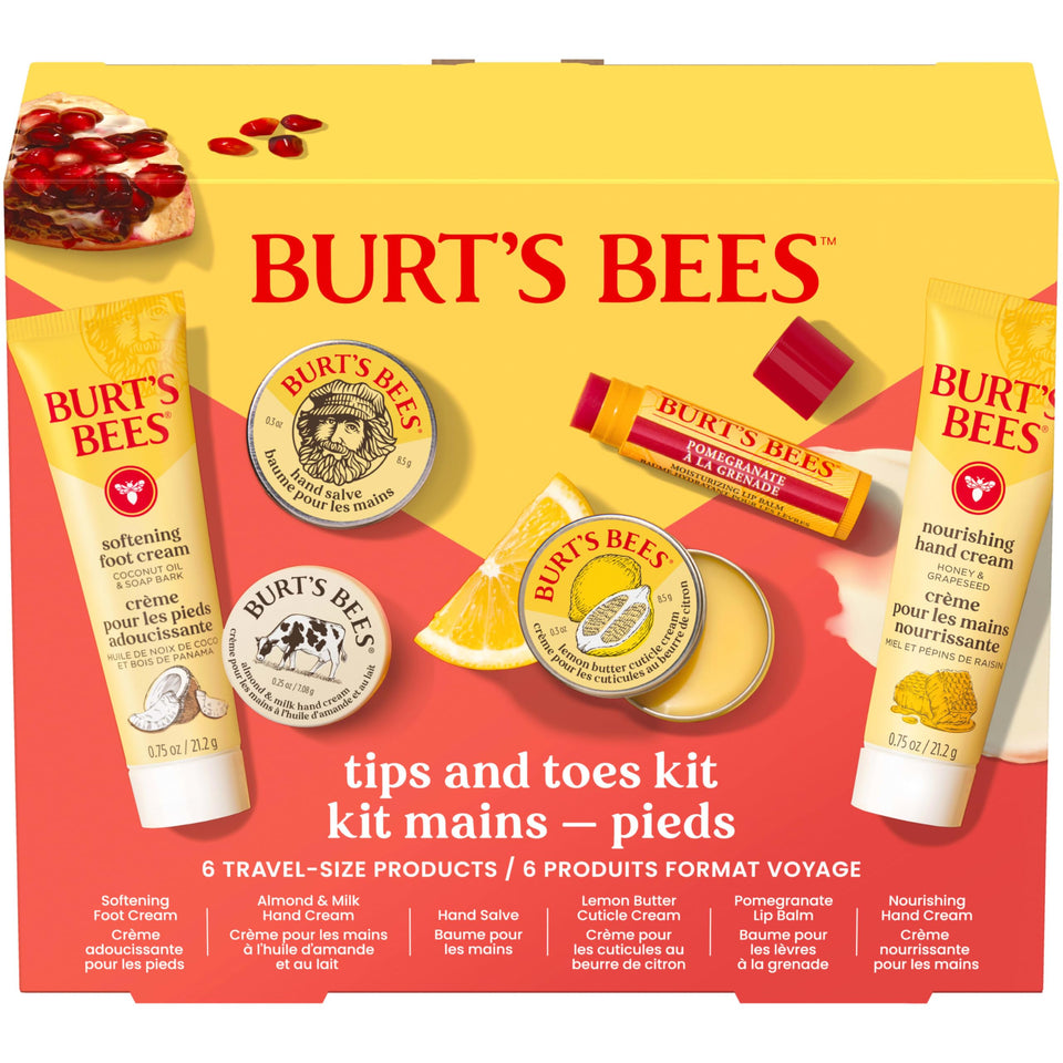 Burt's Bees kit box front showing all six travel-size items and gift-ready packaging