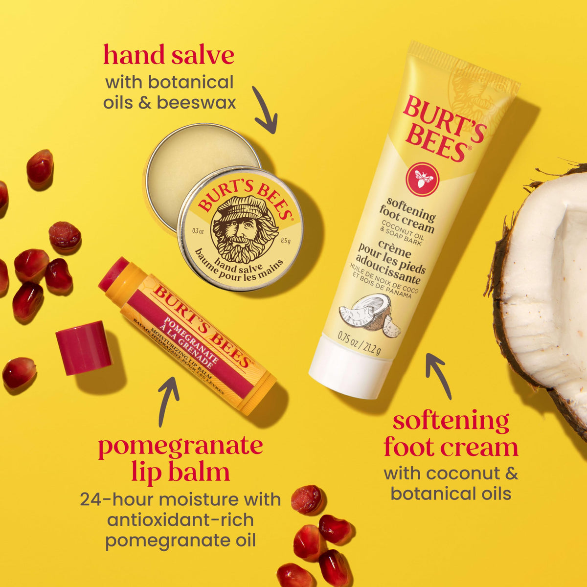 Burt's Bees travel-size products arranged flatlay for easy everyday or travel use