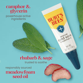 Burt's Bees cold sore treatment tube close-up, clear label for targeted application