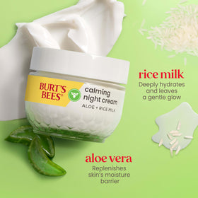 Burt's Bees tub open with aloe and rice milk ingredients visible