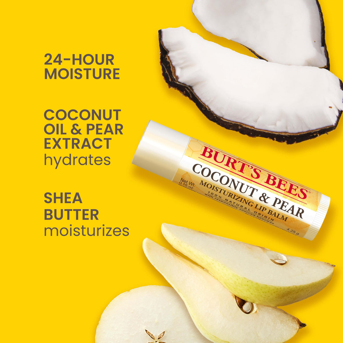 Burt's Bees close-up of four balm tubes highlighting clean formula