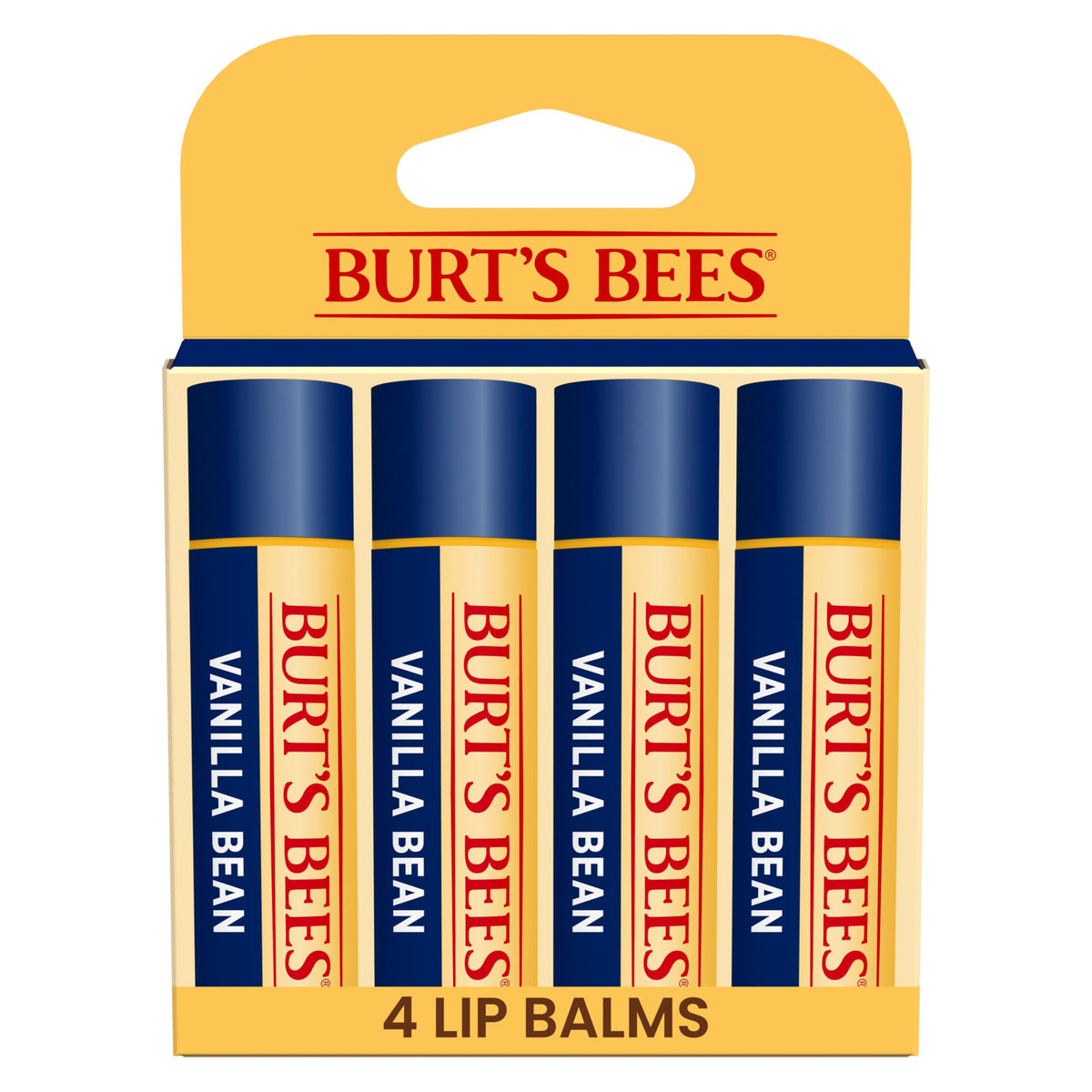 Burt's Bees front packaging showing vanilla bean tubes and natural appeal