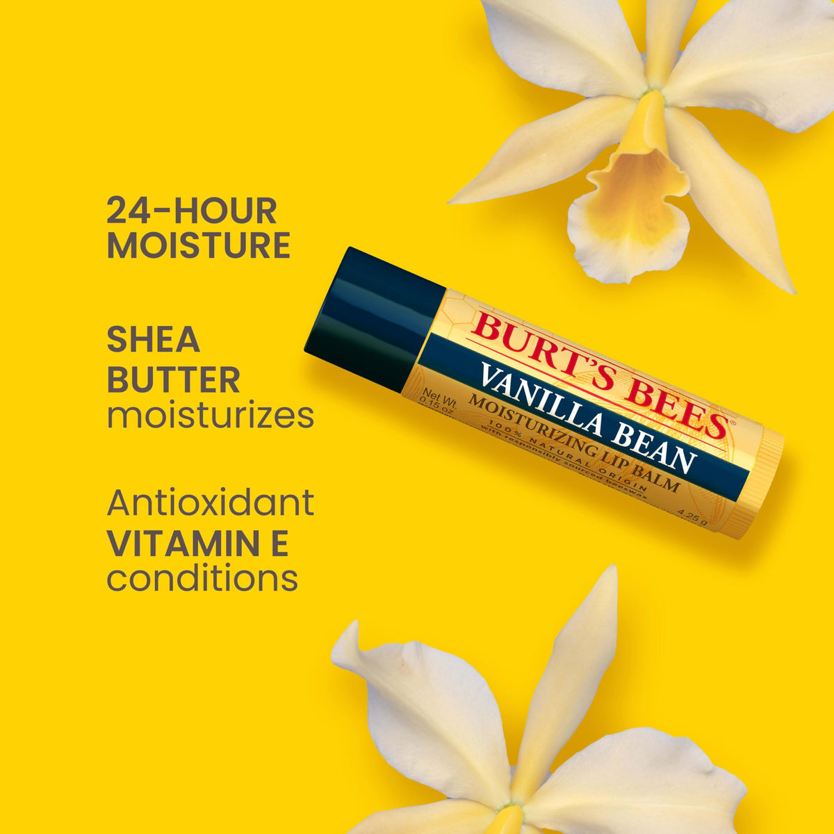 Burt's Bees tube close-up with twist cap and easy application benefit
