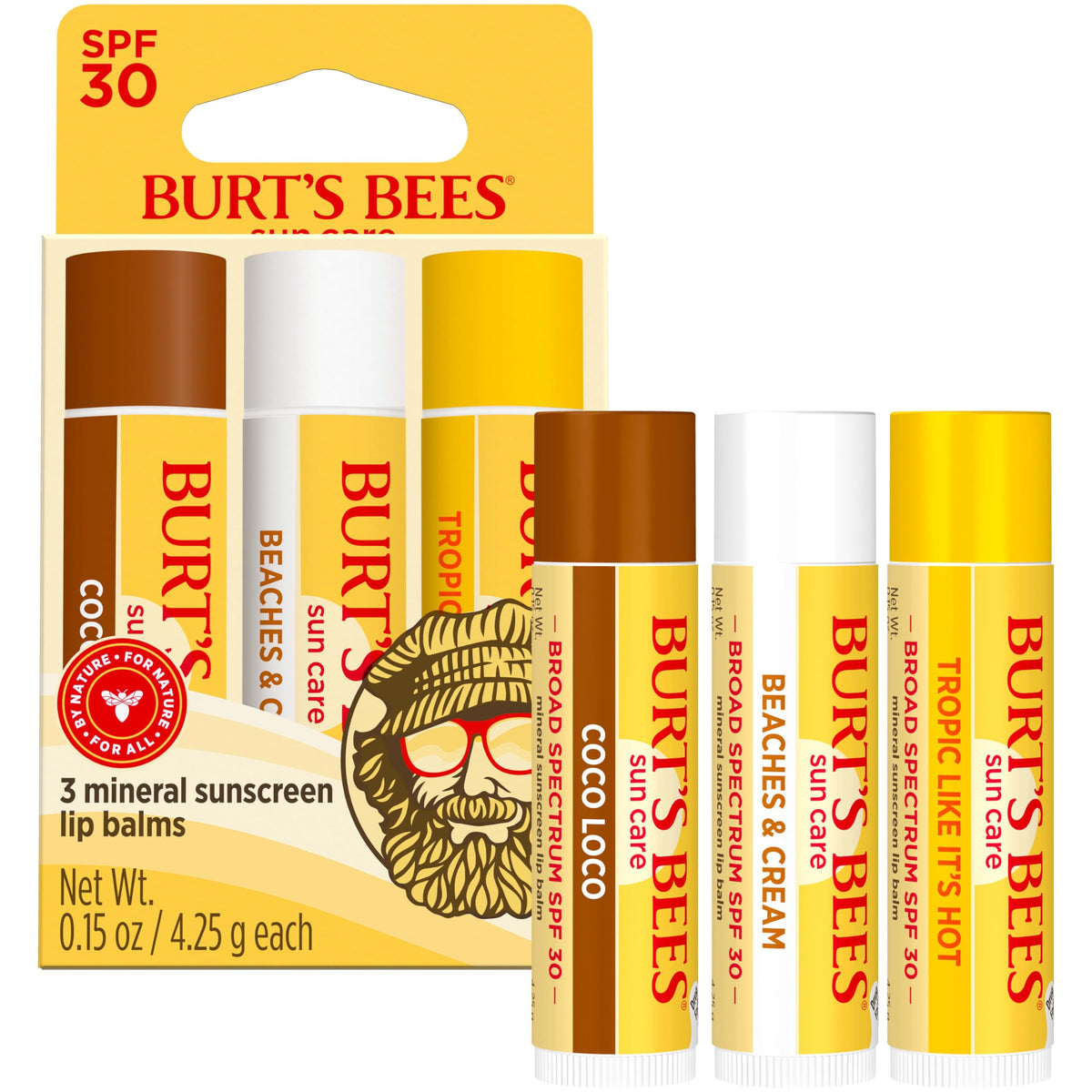 Burt's Bees water-resistant demo with splash illustrating up to 80 minutes water resistance