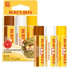 Burt's Bees water-resistant demo with splash illustrating up to 80 minutes water resistance
