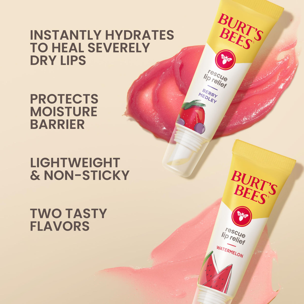 Burt's Bees Watermelon tube close-up highlighting applicator and quick hydration