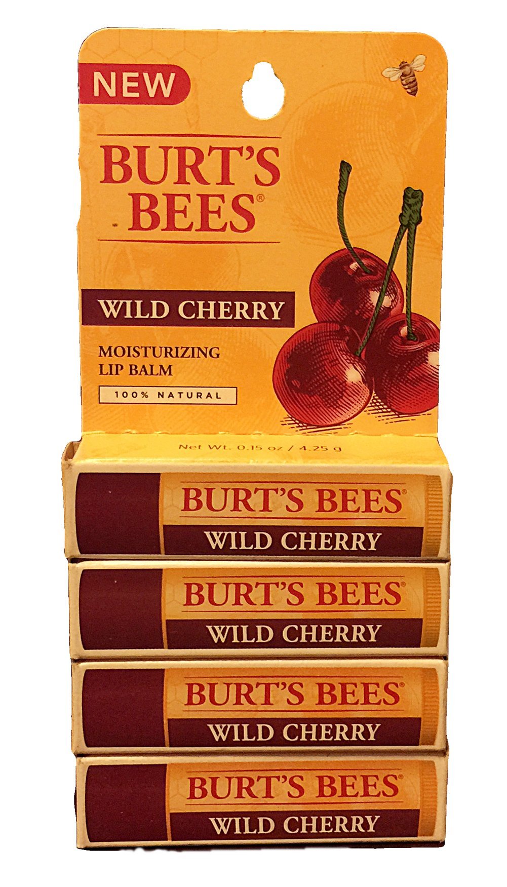 Burt's Bees front packaging showing four cherry lip balm tubes for daily hydration