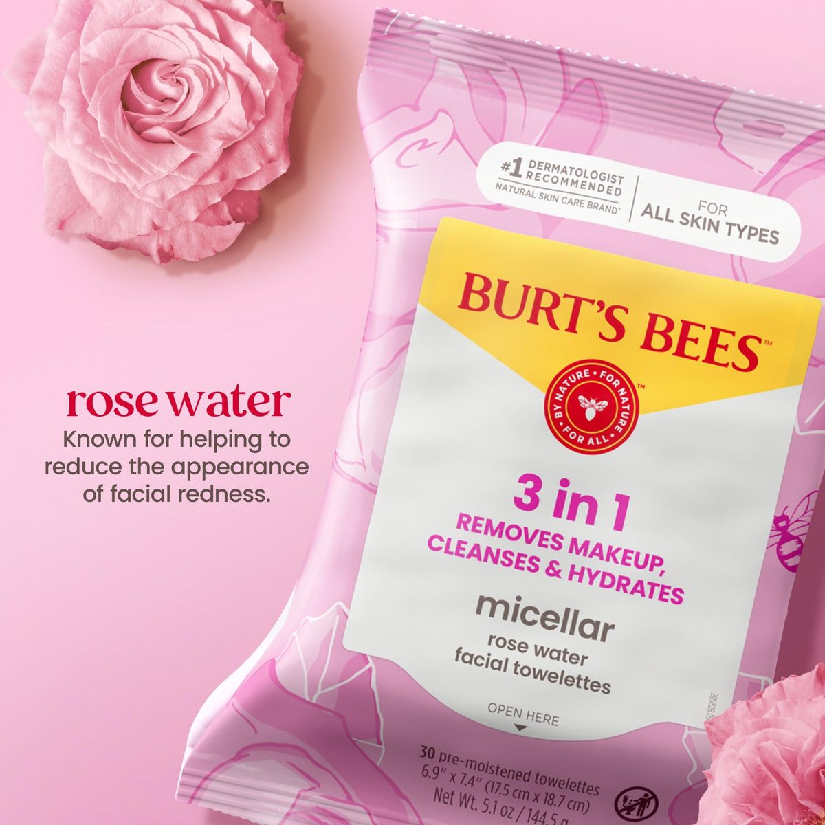 Burt's Bees wipes laid out with rose and plant visuals showing natural-ingredient focus
