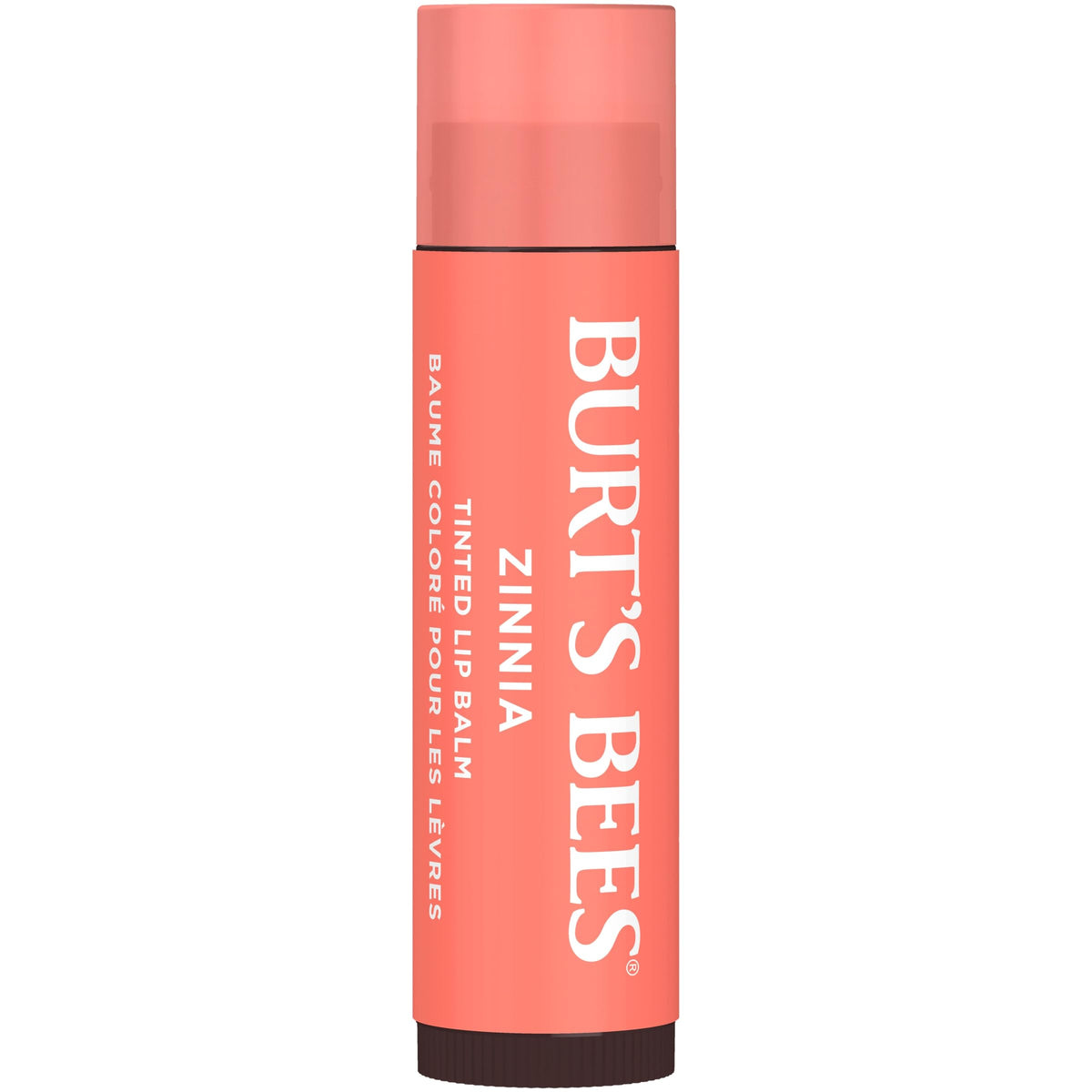 Burt's Bees open tube tip of Zinnia tinted balm ready for one-swipe application benefit