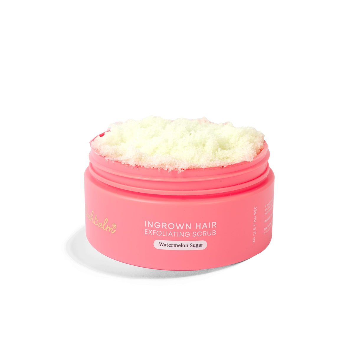 Bushbalm front jar with watermelon scrub showing label and bright color benefit